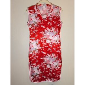 Laogudai Floral red Cheongsam Qipao Dress Sleeveless Side Slit Size 18 silk